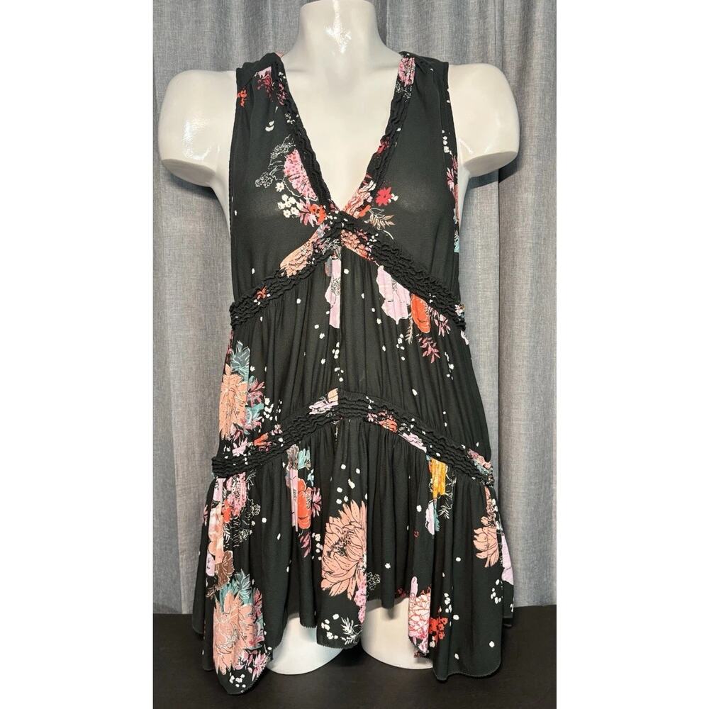 FREE PEOPLE Purple Haze Printed Tunic Top Boho Hummingbird Tiered Black XSmall